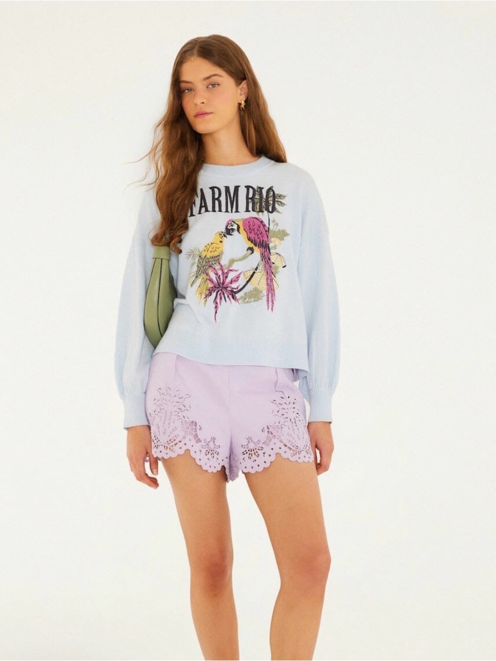 FARM Rio Pastel Blue Sweater with Pink & Yellow Embroidered Parrot Graphic NWT - Picture 3 of 6